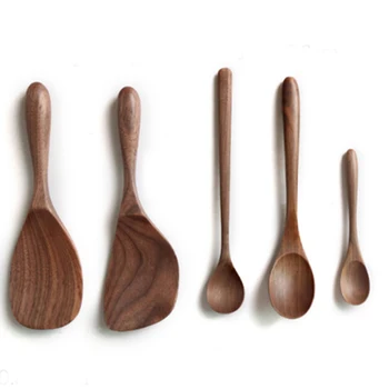 

Japanese Style Black Walnut Wooden Dessert Spoon Tableware Coffee Honey Spoons Stir Long Scoop Soup Rice Spoon Kitchen Supplies