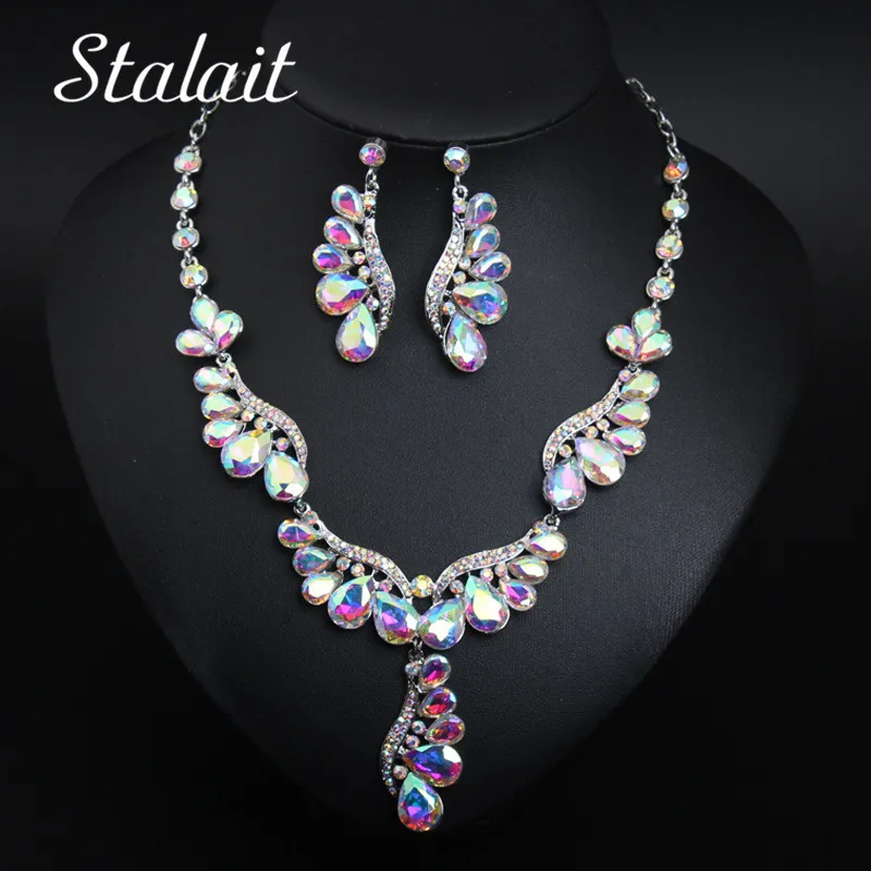 

AB Color Peacock Feather Wings Crystal Bridal Party Jewelry Sets Women Statement Silver Color Pendant Necklace Earrings Set