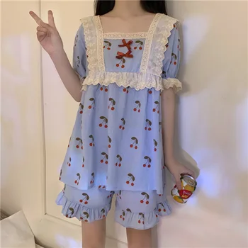 Pijama Women Cute Lace Patchwork Cherry Print Sleepwear Set Summer Kawaii Japanese Bow Ruffles Leisure Wear Square Collar S797
Pijama Women Cute Lace Patchwork Cherry Print Sleepwear Set Summer Kawaii Japanese Bow Ruffles Leisure Wear Square Collar S797