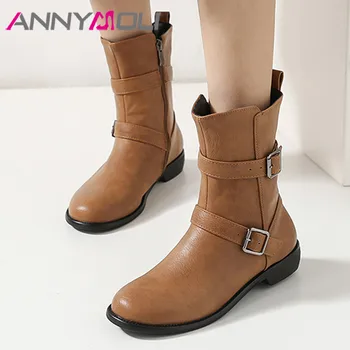 ANNYMOLI Med Heel Short Boots Buckle Mid Calf Boots Woman Chunky Heel Shoes Zip Round Toe Ladies Footwear Winter Wine Red 33-46
ANNYMOLI Med Heel Short Boots Buckle Mid Calf Boots Woman Chunky Heel Shoes Zip Round Toe Ladies Footwear Winter Wine Red 33-46