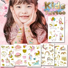 

Unicorn Golden Glitter Cartoon Tattoo Rainbow Planet Clouds Raindrops Pink Waterproof Temporary Tatto Stickers Child Kids Girls