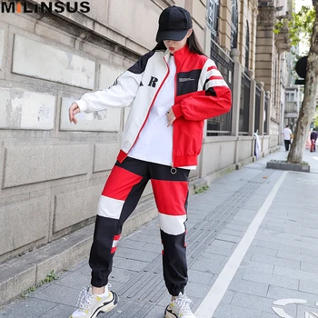2019 Autumn Hip hop Tracksuit Women Two Piece Sets top and pants Loose Long Sleeve sweatsuits female Red white Patchwork clothes
2019 Autumn Hip hop Tracksuit Women Two Piece Sets top and pants Loose Long Sleeve sweatsuits female Red white Patchwork clothes