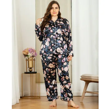 Autumn Plus Size Womens Silk Satin Pajamas Set Long Sleeve Sleepwear Casual Pijama Suit Female Sleep Two Piece Set Loungewear 
Autumn Plus Size Womens Silk Satin Pajamas Set Long Sleeve Sleepwear Casual Pijama Suit Female Sleep Two Piece Set Loungewear