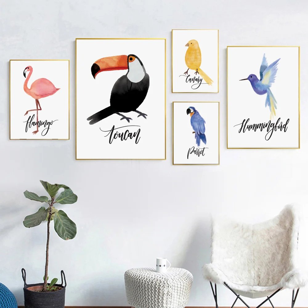 

Watercolor Flamingo Parrot Toucan Budgie Nordic Posters and Prints Wall Art Canvas Painting Wall Pictures Baby Kids Room Decor