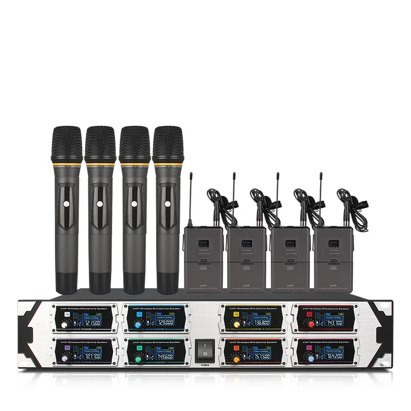 Professional wireless microphone system UHF8 channel fixed frequency dynamic display 4 lavalier microphone 4 handheld microphone
Professional wireless microphone system UHF8 channel fixed frequency dynamic display 4 lavalier microphone 4 handheld microphone
