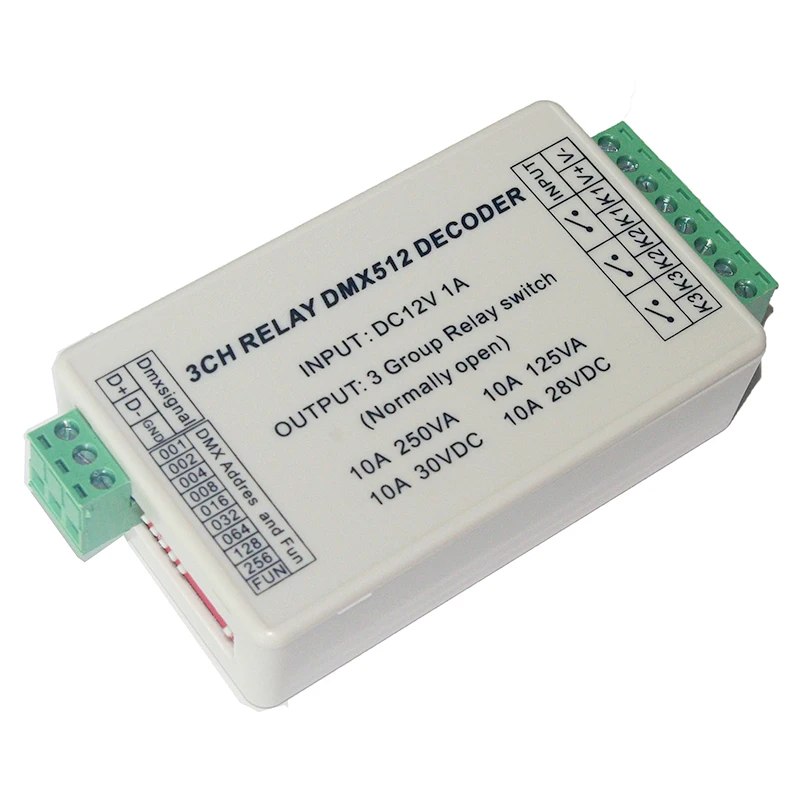 3CH dmx512 LED Controller 3 channel DMX 512 RELAY OUTPUT Decoder Switch DC12V 10A*3CH Relay dimmer
3CH dmx512 LED Controller 3 channel DMX 512 RELAY OUTPUT Decoder Switch DC12V 10A*3CH Relay dimmer
