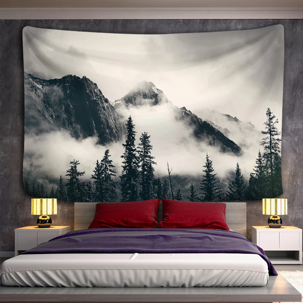 

Mountains Psychedelic Tapestry Forest landscape Starry Sky Tapestries Wall Hanging Village Dorm Blanket Personalized Wall Cloth