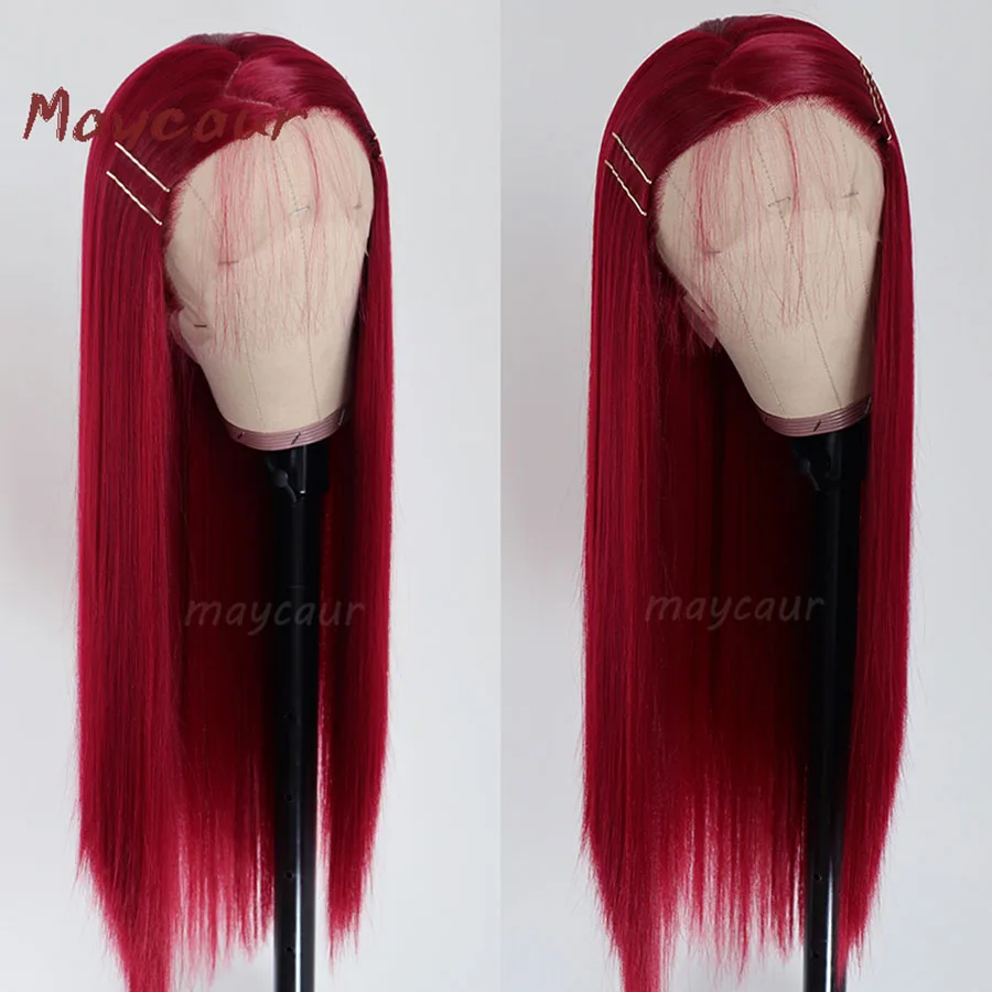 Maycaur RD900 Red Color Wig Long Straight Synthetic Lace Front Wigs with Natural Baby Hair Heat Resistant Wigs for Black Women (3)