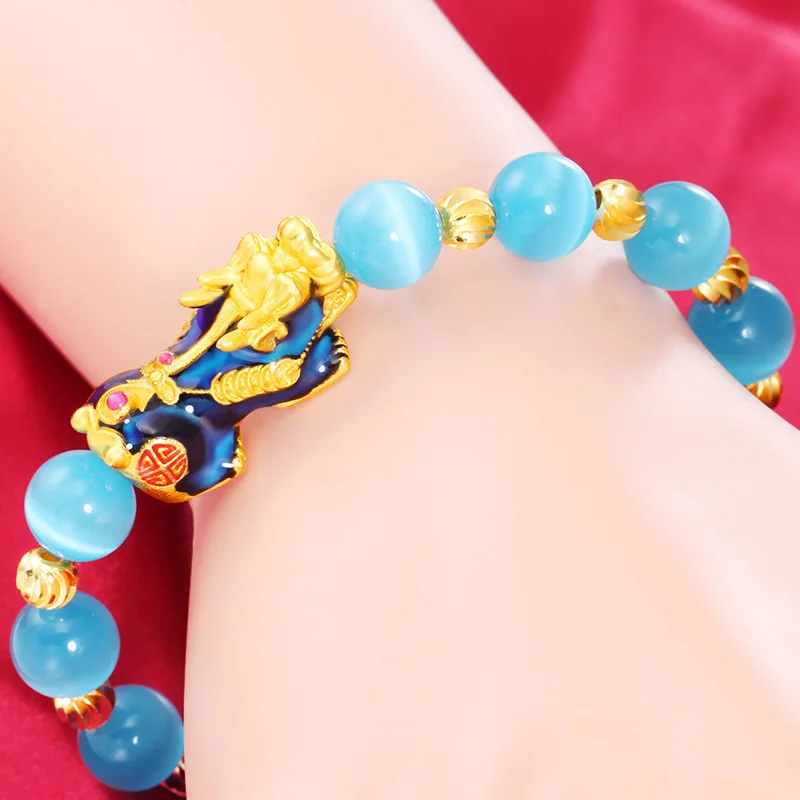 Браслет Pixiu с натуральным голубым опалом и бусинами золотистого цвета браслет