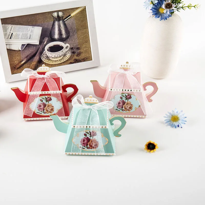 10pcs Pink Blue Red Teapot shaped Wedding Candy Box Flower Wedding Gift Packaging Box Teapot Favor Gift Box for Wedding Guest