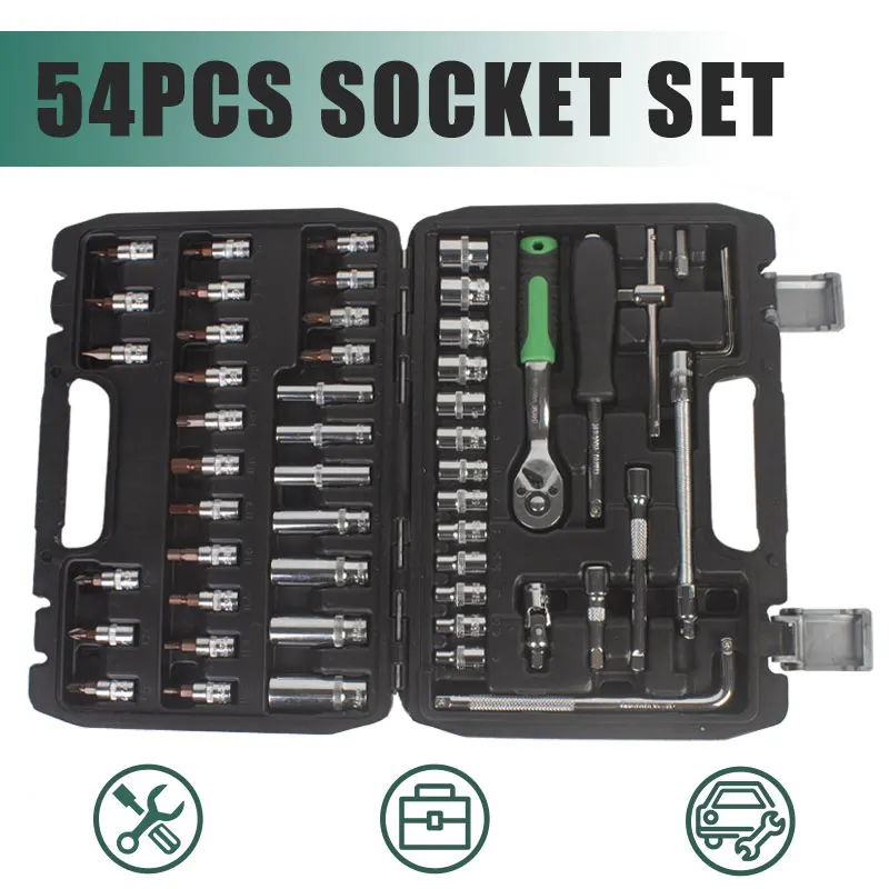 New 2020 1/4 54pcs Socket Set Household Tools Set for Car Bicycle Repair Sockets Set Ratchet Handle Spanners Wrench W/ Tool Box
New 2020 1/4 54pcs Socket Set Household Tools Set for Car Bicycle Repair Sockets Set Ratchet Handle Spanners Wrench W/ Tool Box