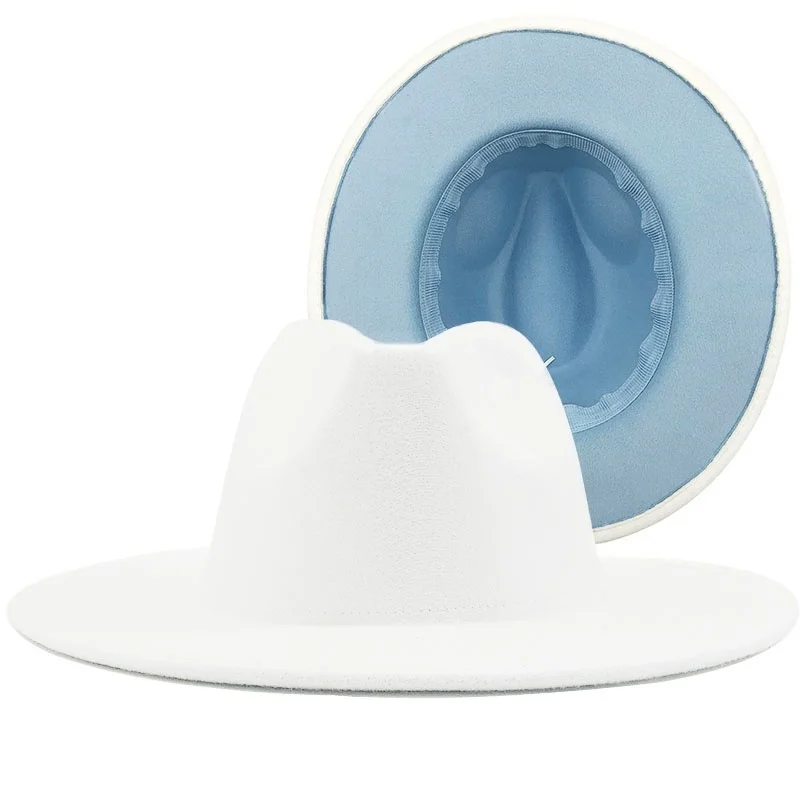

white Simple Outer Inner Sky blue Wool Felt Jazz Fedora Hats with Thin Belt Buckle Men Women Wide Brim Panama Trilby Cap 56-60CM