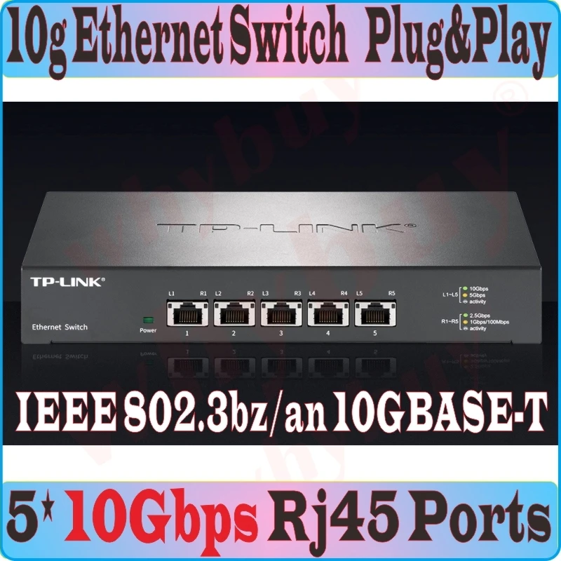

5* 10000Mbps RJ45 Ports 10GBASE-T Ethernet Switch 10 Gigabit Ethernet Network Switch IEEE 802.3an/bz/3ab/3x/1p 32K MAC Plug&Play