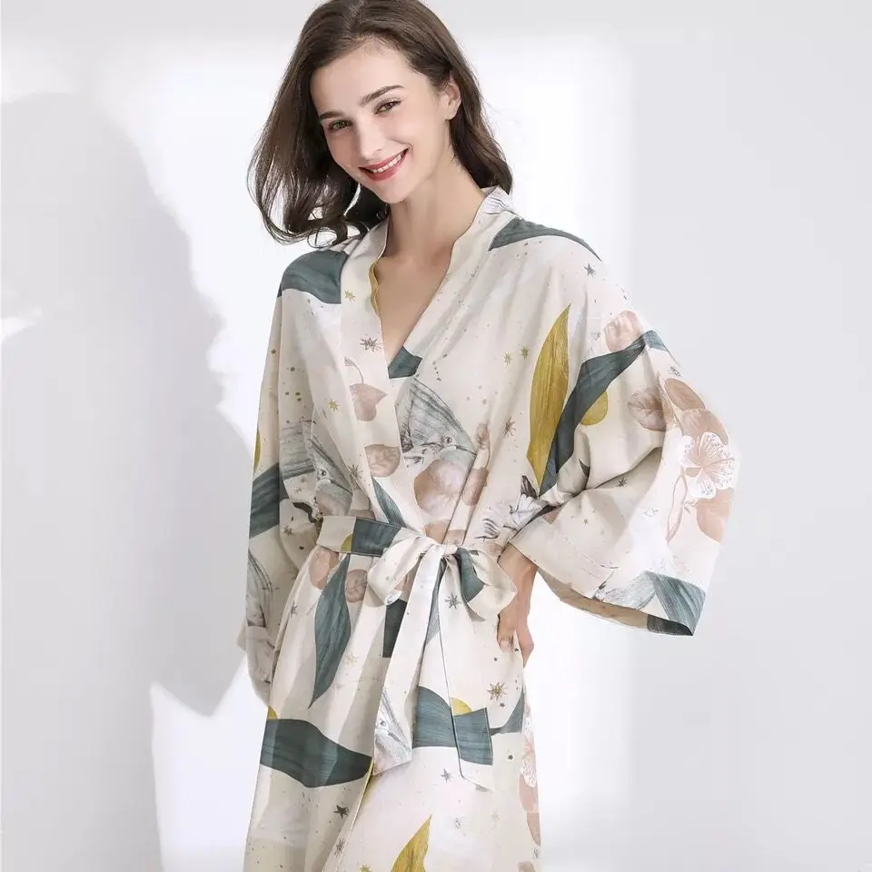 Женское хлопковое кимоно халат с цветочным принтом атласное нижнее белье