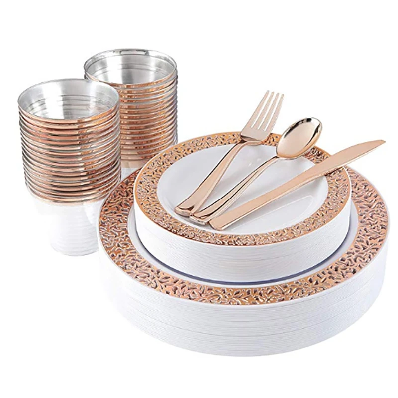 25 Sets of Rose Gold Cup Plastic Dish Fork Knife Spoon Disposable Transparent Tableware Set Party Supplies
25 Sets of Rose Gold Cup Plastic Dish Fork Knife Spoon Disposable Transparent Tableware Set Party Supplies