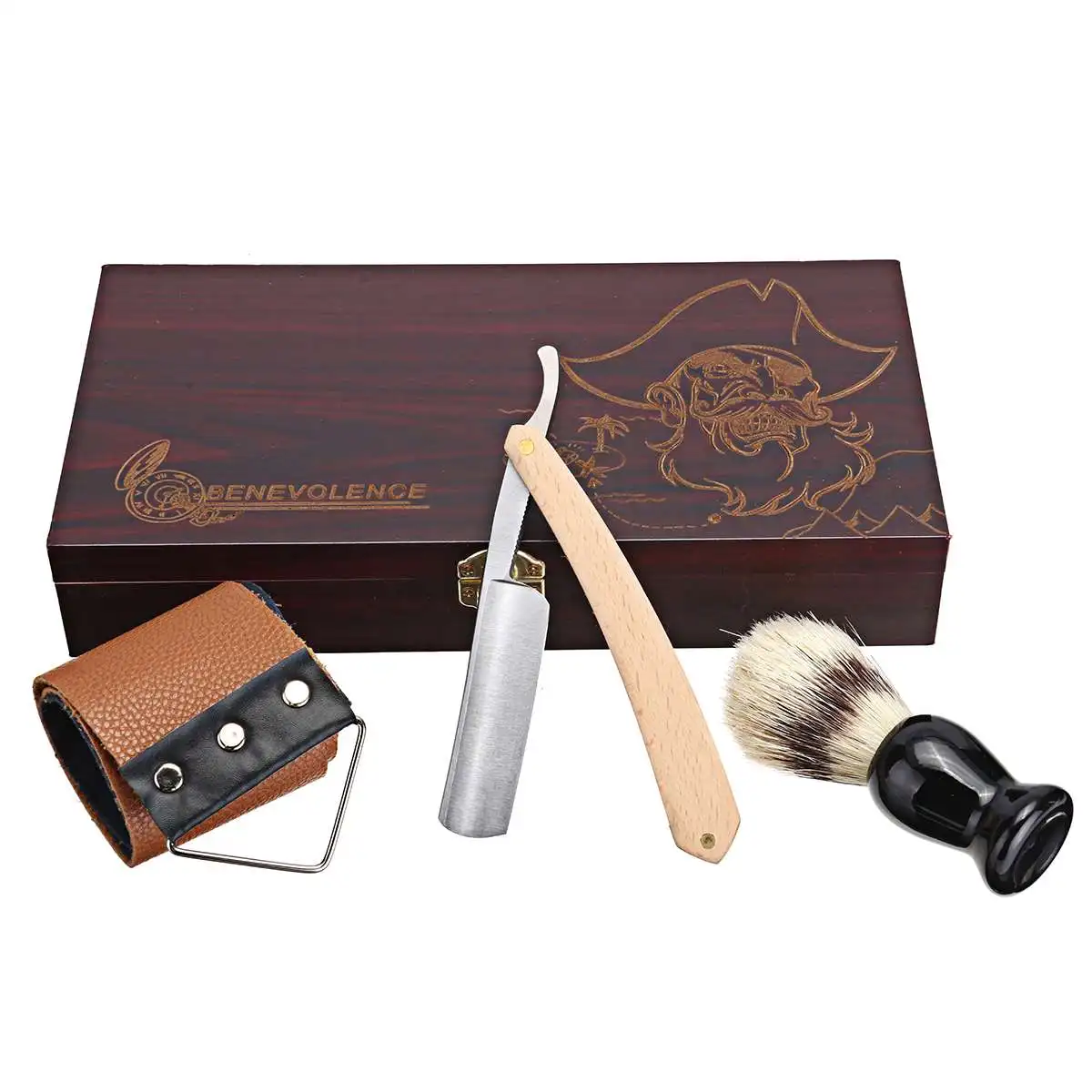 

4Pcs Shaver Kit Cut Throat Straight Razor Shaving Brush Strop Wood Box Gift Set Folding Shaving Knife Shave Beard Cutter