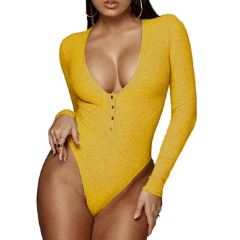 Women Deep V Neck Long Sleeve Bodysuit Tops Ribbed Knit Bodycon Thong Buttons Front Jumpsuits Rompers
Women Deep V Neck Long Sleeve Bodysuit Tops Ribbed Knit Bodycon Thong Buttons Front Jumpsuits Rompers
