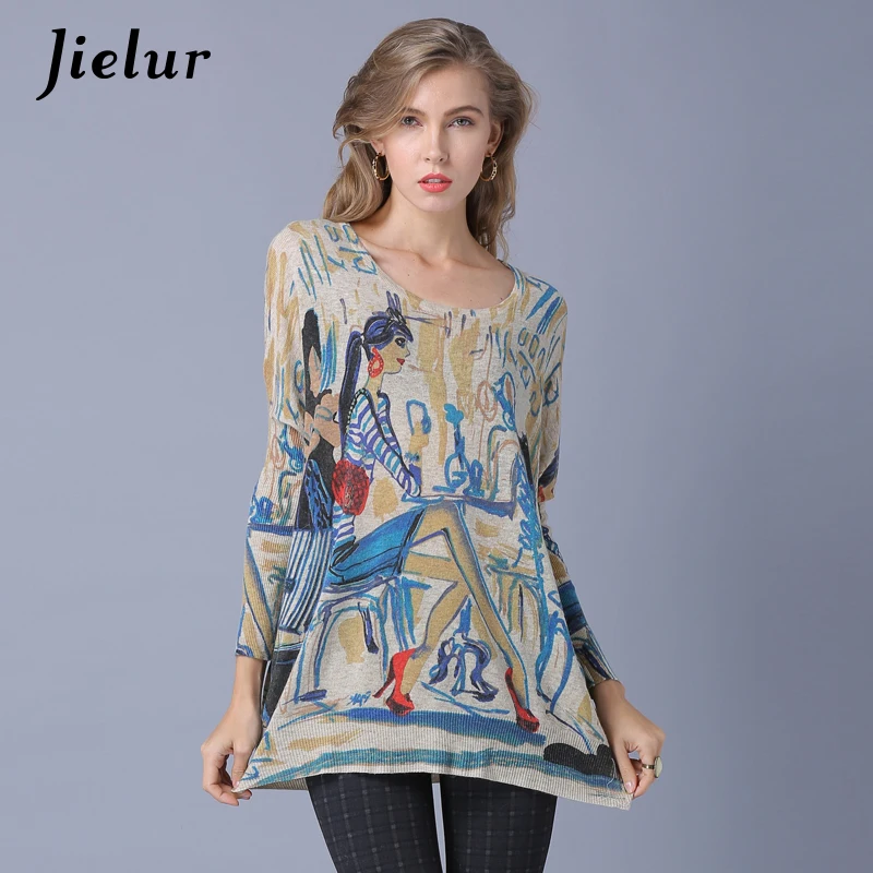 Jielur 2021 Europe Fashion Cartoon Lady Printed Sweater for Women Loose High Street Pullover Female Plus Size 3 Colors Sweaters | Женская