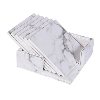 6Pcs/Set Marble Leather Square Drink Coasters Placemat Cup Mat Pad Holder Kitchen Tableware for Home Table Kitchen Decor