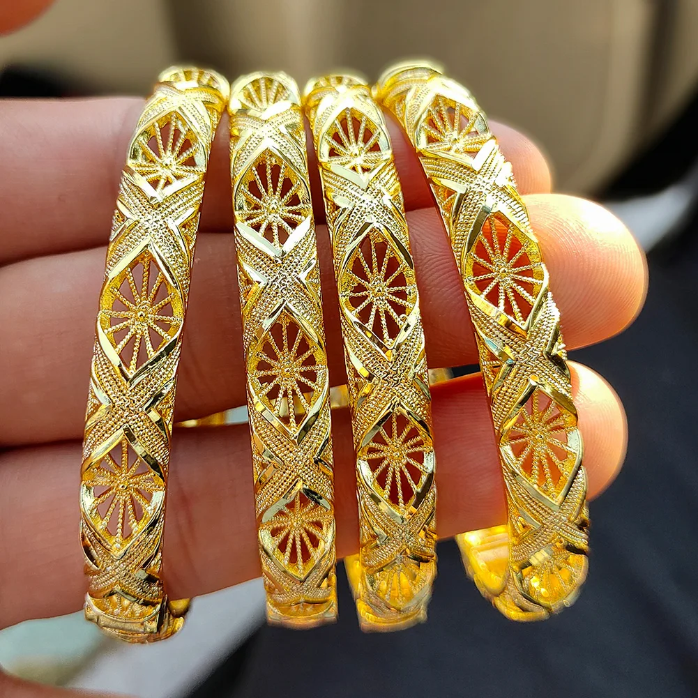 

4Pcs/Lot Dubai Bride 24k Gold Color Bangles For Women Bijoux Africaine Bracelets Jewellery For Wedding Jewelry Party Gifts