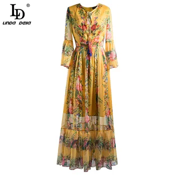 

LD LINDA DELLA Summer Fashion Runway Women Dress Batwing Sleeve Bohemian Bow Sashes Print Bright Vacation Ladies Maxi Dresses