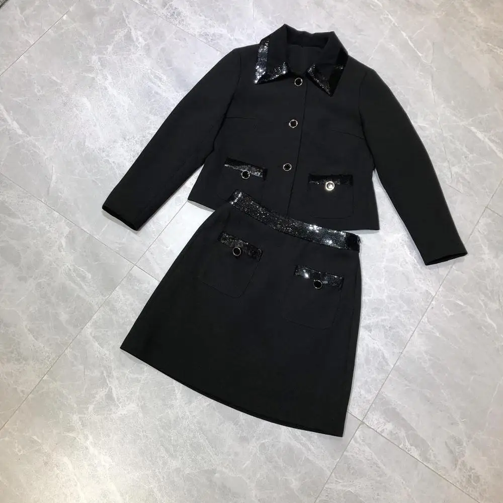 2019 sequined turn down collar elegant women 2 pieces skirt set simple formal office lady black pink suit
2019 sequined turn down collar elegant women 2 pieces skirt set simple formal office lady black pink suit