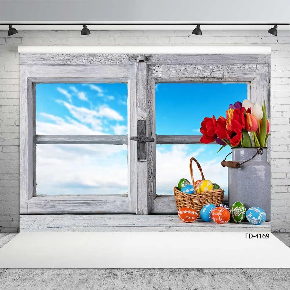 Tulip Easter Eggs Basket Window Photographic Backdrop Vinyl Cloth Background Photo Studio for Baby Children Home Party Photocall |