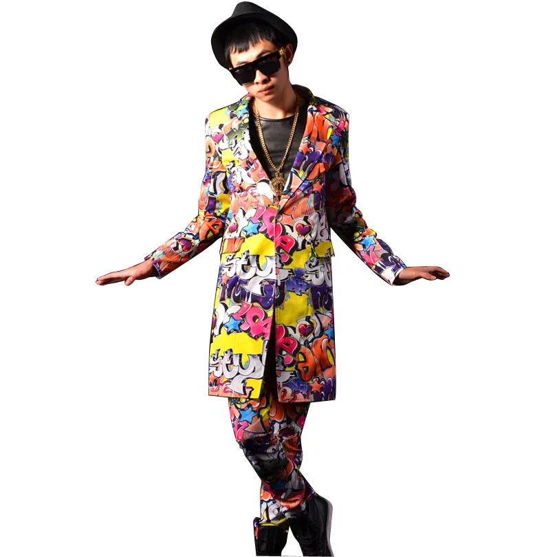Фото Мужской Модный повседневный костюм с граффити приталенный в стиле хип-хоп