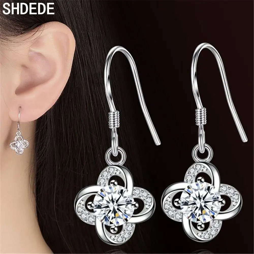 

SHDEDE 925 Silver Drop Earrings For Women Fashion Jewelry Embellished With Crystals From Swarovski Flower Dangle Eardrop -WH168