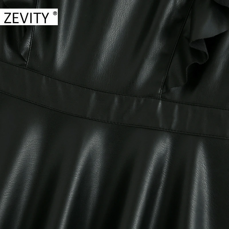 ZEVITY New women lace patchwork casual PU leather A line dress female sleeveless ruffles vestido chic back zipper dresses DS4437