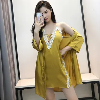2 Pcs Satin Lace Nighty Robe Sleep Suit Womens Strap Dress Sleepwear Sexy Spring Bathrobe Gown Sets Casual Lounge Nightgown
2 Pcs Satin Lace Nighty Robe Sleep Suit Womens Strap Dress Sleepwear Sexy Spring Bathrobe Gown Sets Casual Lounge Nightgown