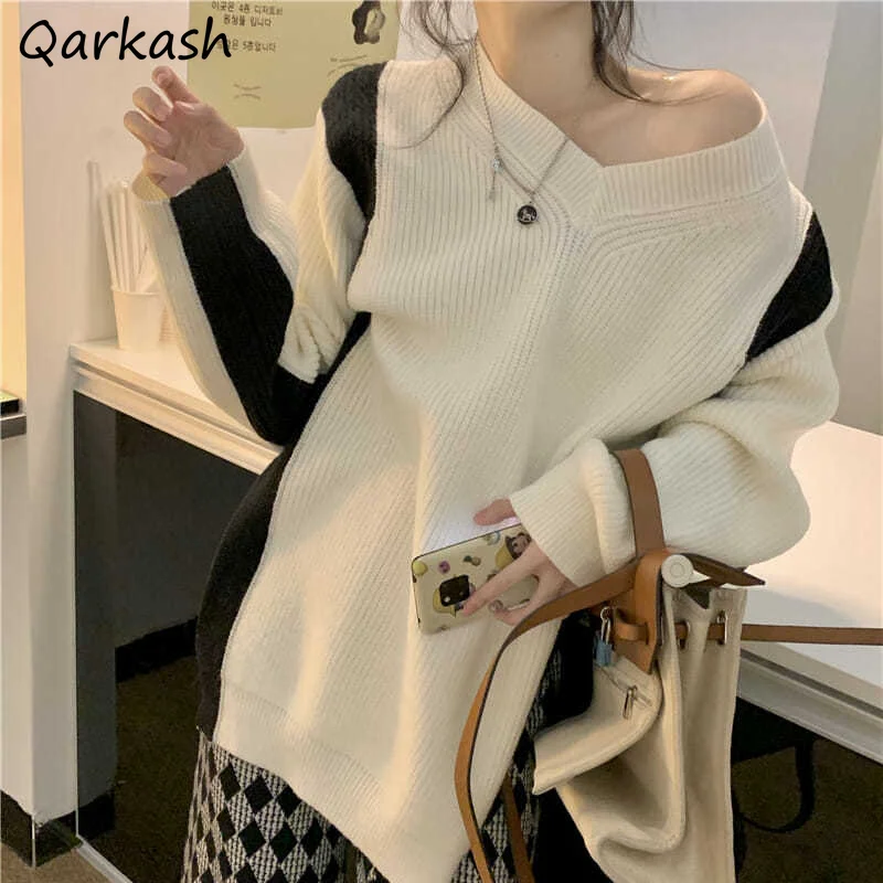 Pullovers Women Korean Trendy Autumn Lazy Contrast Color V-neck Sweater Knitted Patchwork All-match Casual Simple Loose-fitting
Pullovers Women Korean Trendy Autumn Lazy Contrast Color V-neck Sweater Knitted Patchwork All-match Casual Simple Loose-fitting