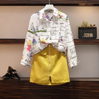 HAMALIEL Spring Women Two Piece Set New 2020 Plus Size Turn Dow Collar Cartoon Print Loose Shirt + Yellow Zippers Skirts Suits 
HAMALIEL Spring Women Two Piece Set New 2020 Plus Size Turn Dow Collar Cartoon Print Loose Shirt + Yellow Zippers Skirts Suits