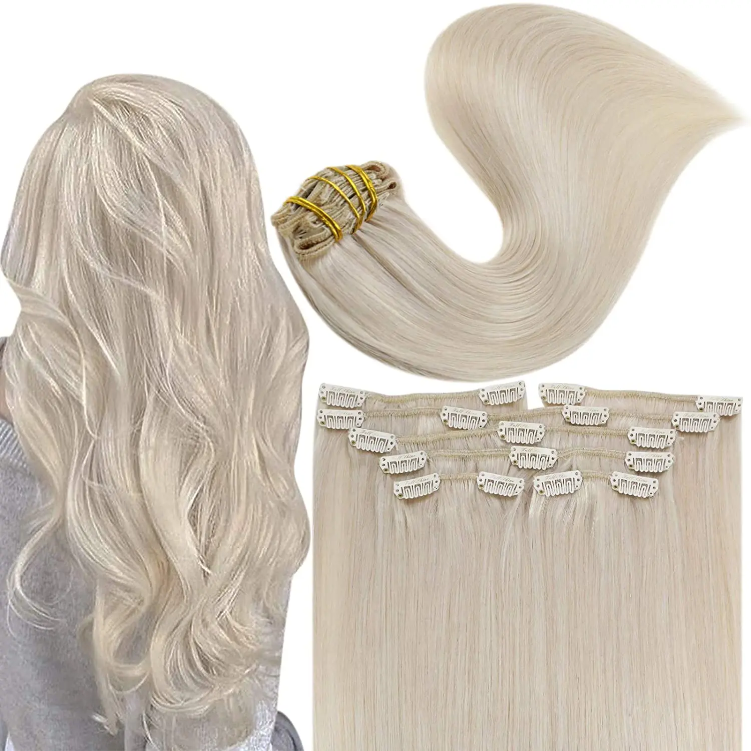 

Full Shine Clip In Human Hair Extensions 7 Pcs 100g Pure Blonde Color Hairpins On Double Weft Machine Remy Human Hair For Woman