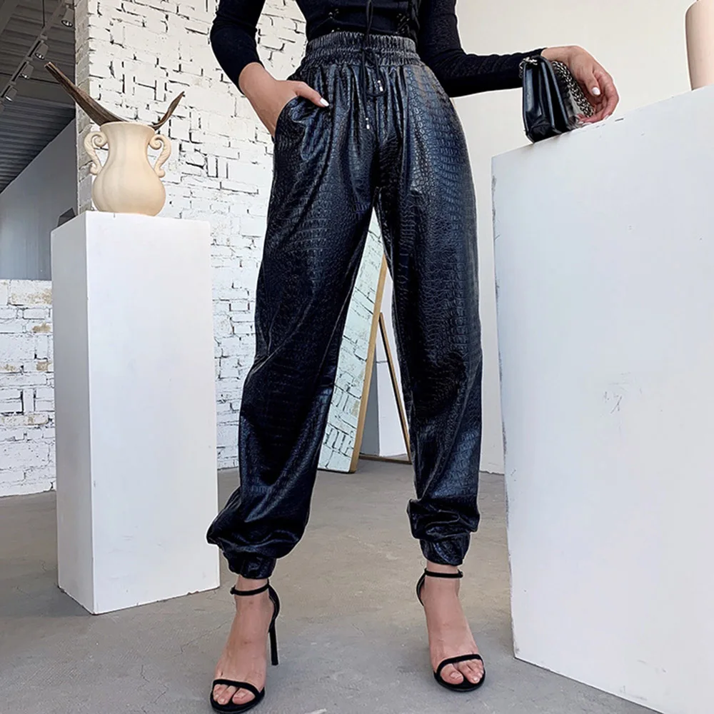 

Women Harem PantsTrousers Faux Leather Loose Jogger Mujer Black High Street Elastic Waist Casual Combat Streetwear Long Trouser