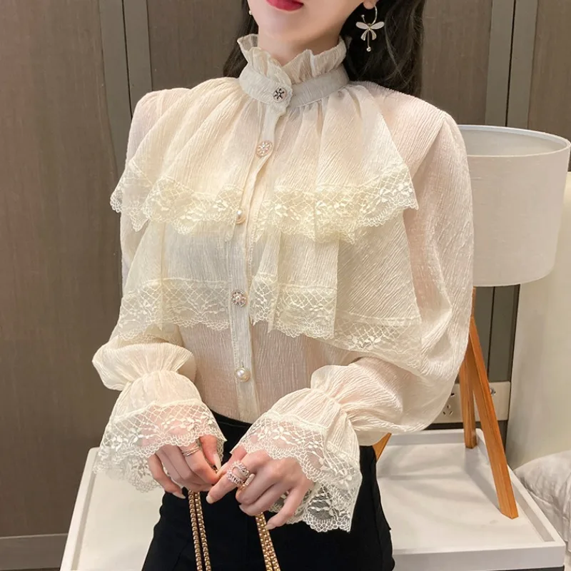 

Classic Fit Blouse Elegant Fashion Gothic Lace Hem Top Women Office Vintage Party Goth Ruffles Lolita Flounce Frill Trendy Shirt