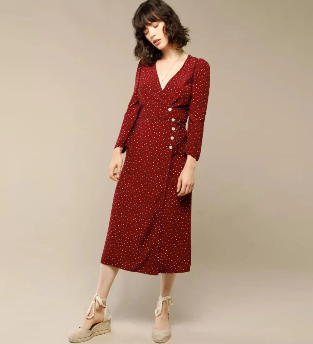 Women Dress French Wrap Polka Printing Deep V Neck Long Sleeve Dress with Side Dot Double-breasted Buttons
Women Dress French Wrap Polka Printing Deep V Neck Long Sleeve Dress with Side Dot Double-breasted Buttons