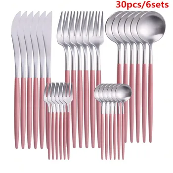 Pink Silver Cutlery Sets Christmas Dinnerware Teaspoons Forks Spoons Knives Stainless Steel Silverware Tableware Dinner Set 
Pink Silver Cutlery Sets Christmas Dinnerware Teaspoons Forks Spoons Knives Stainless Steel Silverware Tableware Dinner Set