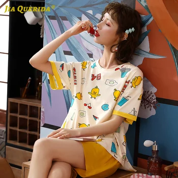 Summer Cartoon Printing Crew Neck Pajamas Set Homesuit Homeclothes Sleepwear Casual Style Fashion Style Summer Woman Clothes 
Summer Cartoon Printing Crew Neck Pajamas Set Homesuit Homeclothes Sleepwear Casual Style Fashion Style Summer Woman Clothes