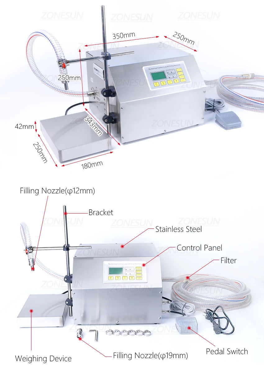 ZONEPACK ZS-GP261W Semi-automatic Filling Machine Edible Oil Hydraulic Engine Oil Weighing Gear Pump Plastic Bottle Vial Filler