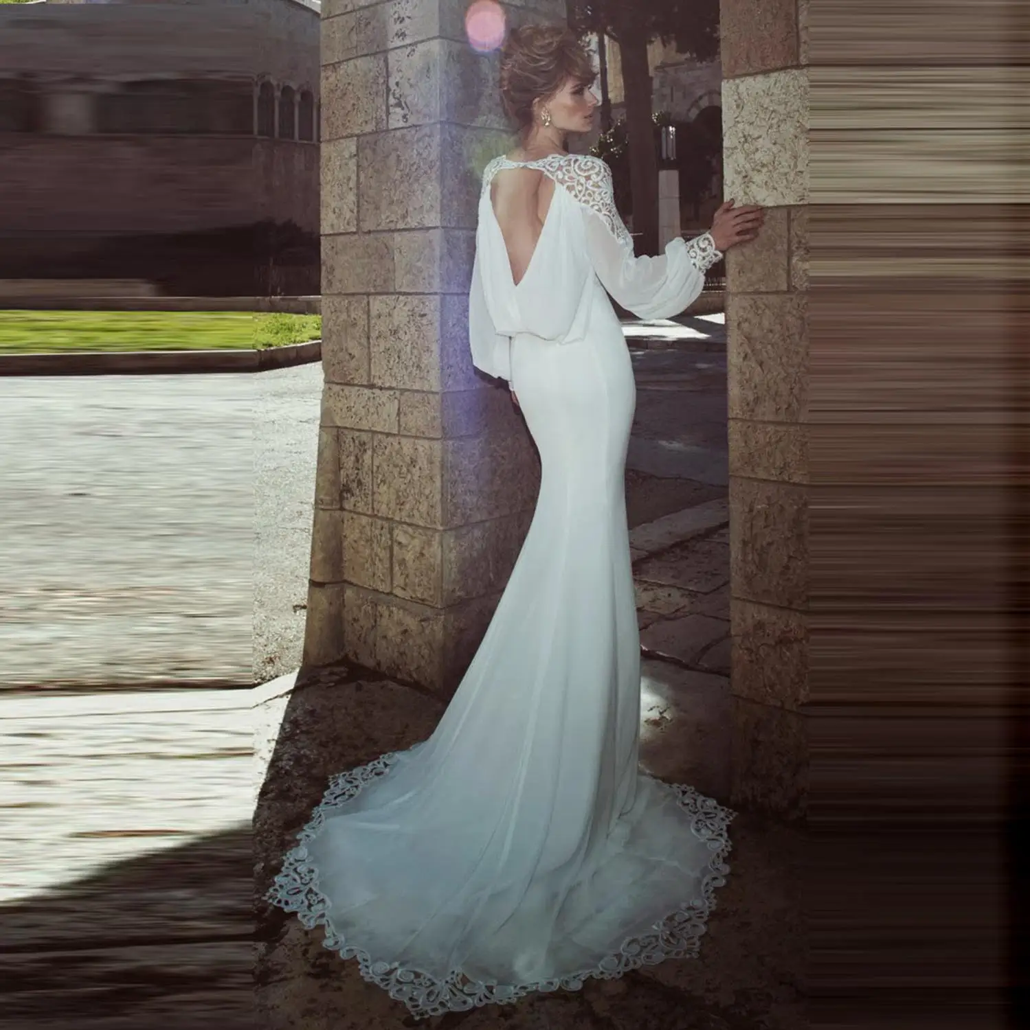 Thinyfull Sexy Backless Mermaid Wedding Dresses V Neck Long Puffy Sleeve Bride Dresses Lace Appliques Chiffon Vestido De Novia 
Thinyfull Sexy Backless Mermaid Wedding Dresses V Neck Long Puffy Sleeve Bride Dresses Lace Appliques Chiffon Vestido De Novia