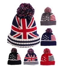 

Winter Baby Pom Pom Knitted Cap Kids Beanie Cap USA UK Flag Pattern Parent-child Knitted Hat Thick Women Skullies Beanies