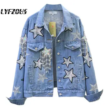 Autumn Jeans Jacket Coat Women Star Sequins Beaded Tassel Chain Coats Woman Embroidery Loose Streetwear Blue Coats Outerwear 
Autumn Jeans Jacket Coat Women Star Sequins Beaded Tassel Chain Coats Woman Embroidery Loose Streetwear Blue Coats Outerwear