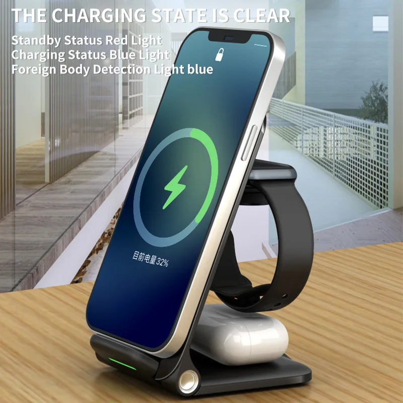 

15W 3 in 1 Qi Wireless Charger for iPhone 13 12 11 Pro XS XR X Fast Charging Dock Station For Apple Watch SE 6 5 4 3 AirPods Pro