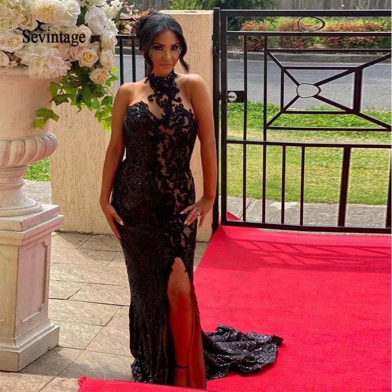 Sevintage Newest Black Halter Mermaid Evening Dresses Side Split Lace Sequined Women Prom Gowns Sweep Train Red Carpet Dress
Sevintage Newest Black Halter Mermaid Evening Dresses Side Split Lace Sequined Women Prom Gowns Sweep Train Red Carpet Dress