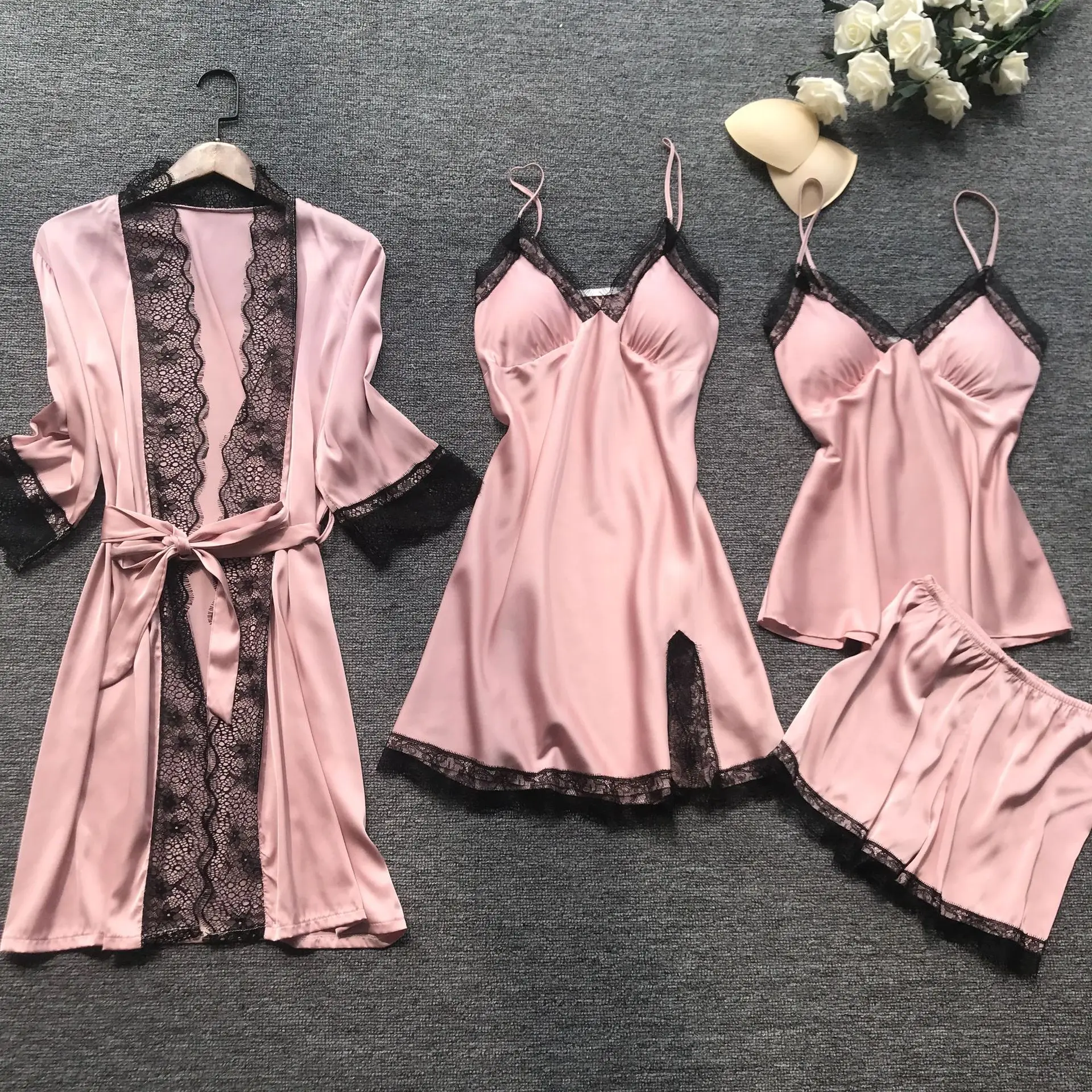 

QWEEK Summer 2019 Women Pajama Sets 4 Pcs Sexy Lace Pyjamas Women Satin Silk Sleepwear Elegant Pijama with Chest Pads Homewear