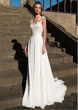 Beautiful Scoop Neck Lace Appliques Top Wedding Gowns Chiffon Tulle Bridal Gowns Beach Spring Sleeveless Bride Wedding Dress 
Beautiful Scoop Neck Lace Appliques Top Wedding Gowns Chiffon Tulle Bridal Gowns Beach Spring Sleeveless Bride Wedding Dress