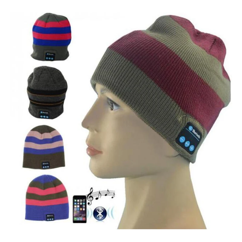 

Fashion Stripe Knitted Beanie Winter Warm Wireless Bluetooth Hat Music Head Headset Smart Cap Microphone Headphone Speaker