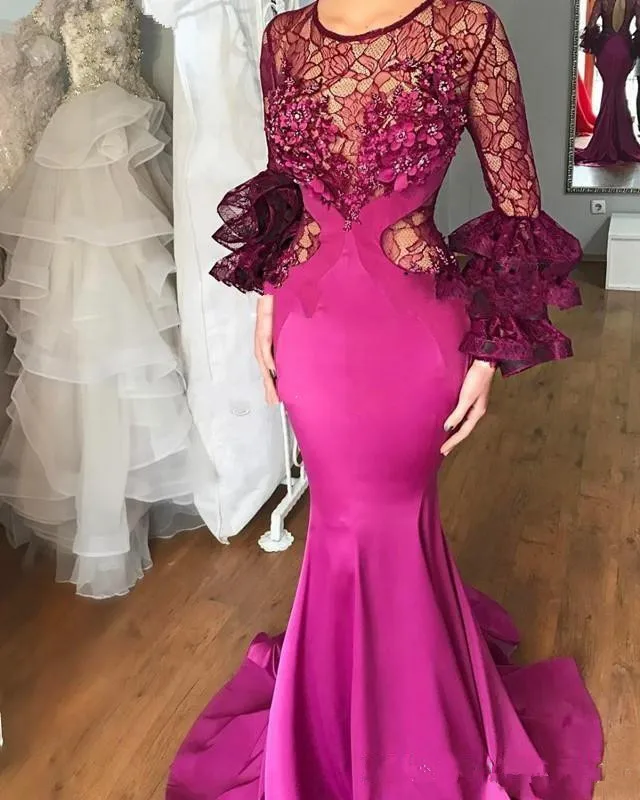 Elegant Long Fuchsia Mermaid Evening Dresses 2020 Long Sleeves Lace Flowers Arabic Formal Prom Dress Women Arabic Party Gowns
Elegant Long Fuchsia Mermaid Evening Dresses 2020 Long Sleeves Lace Flowers Arabic Formal Prom Dress Women Arabic Party Gowns