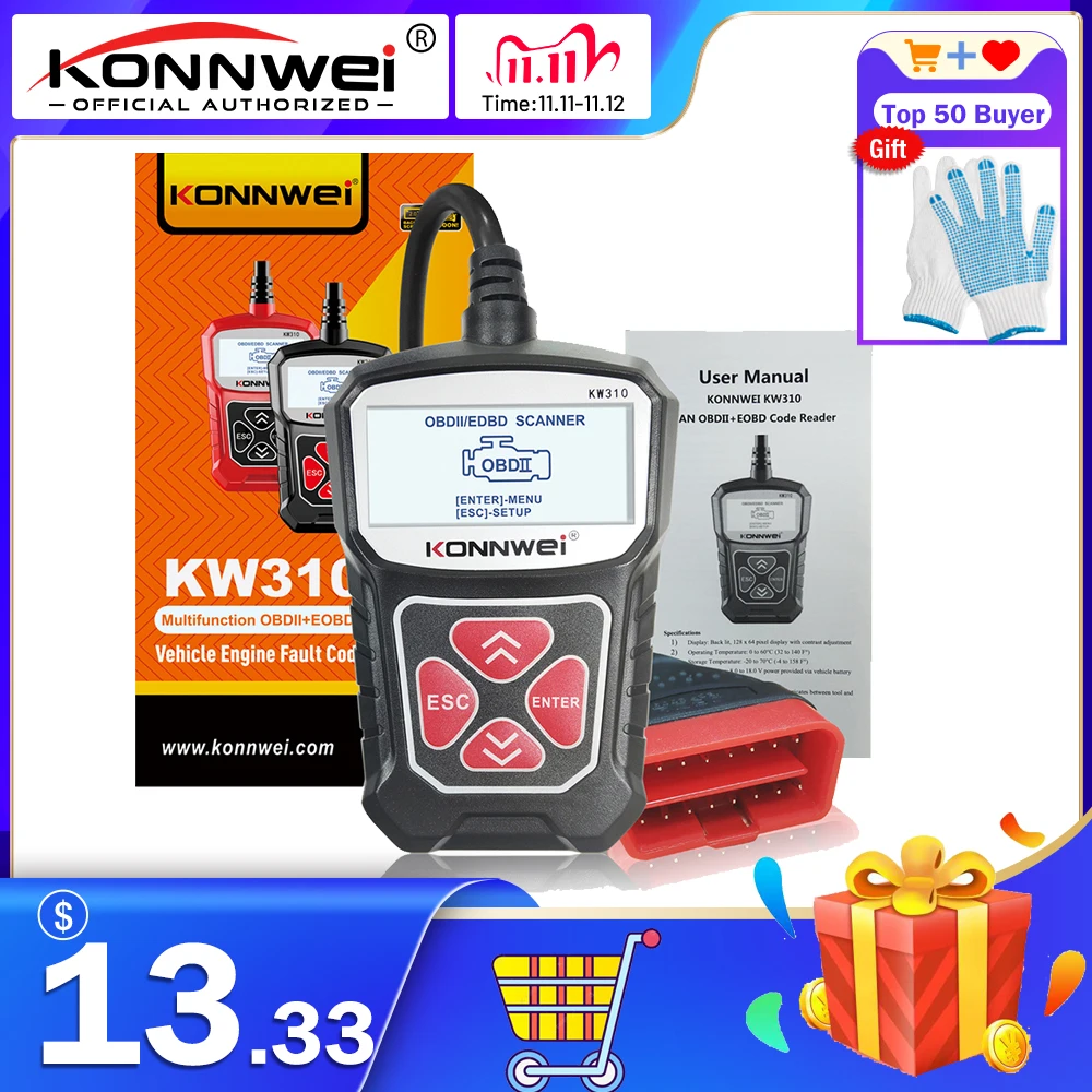 KONNWEI KW310 OBD2 Scanner for Auto OBD 2 Car Diagnostic Tool Automotive Tools Russian Language PK Elm327 | Автомобили и